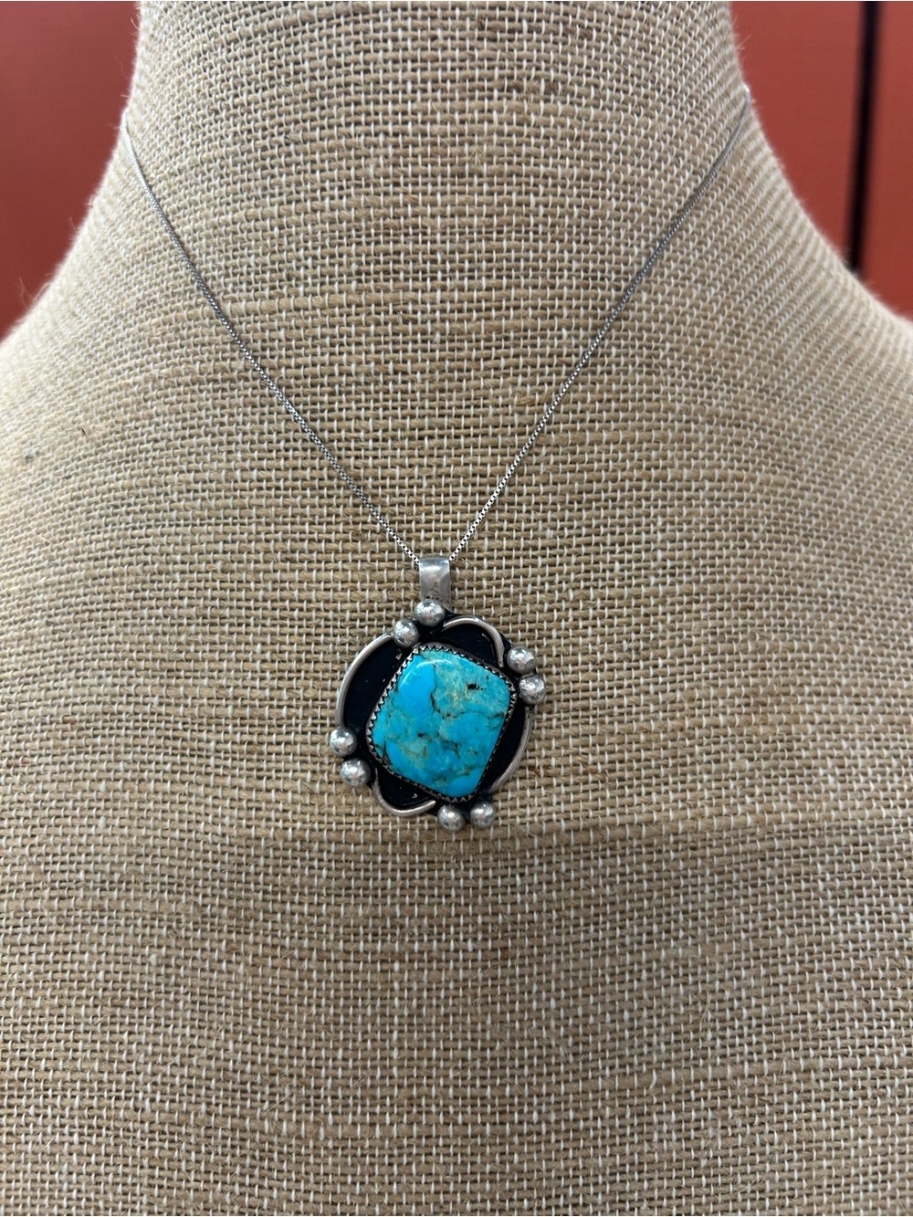 Vintage Native American SW Sterling Silver Turquoise Pendant Necklace 13 grams